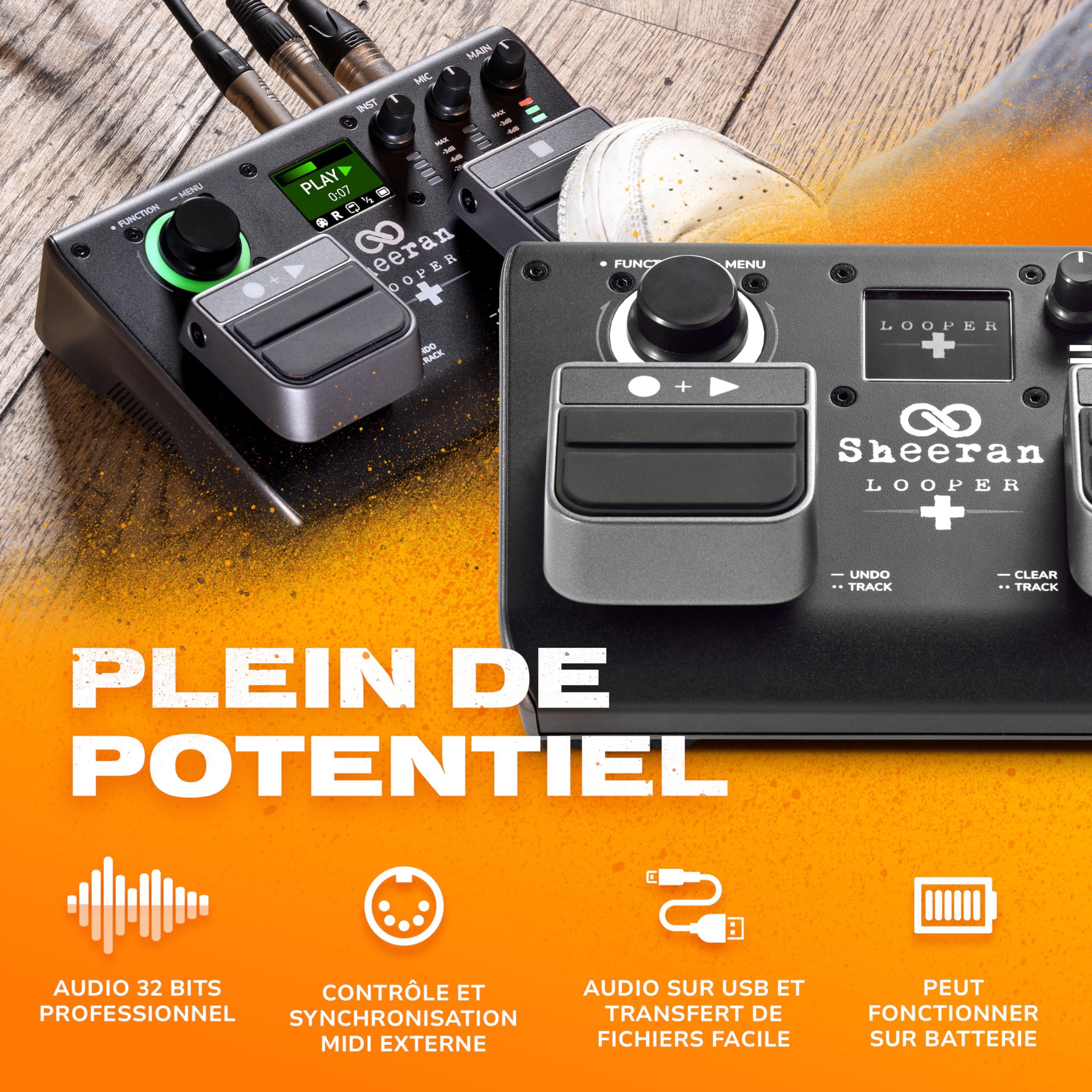 Sheeran Looper + Pédale de Looper Double Piste | 4 Modes de Boucle, 3 Heures de Stockage, Écran LED, Interface Audio, pour Guitare, Basse, Clavier, Chant