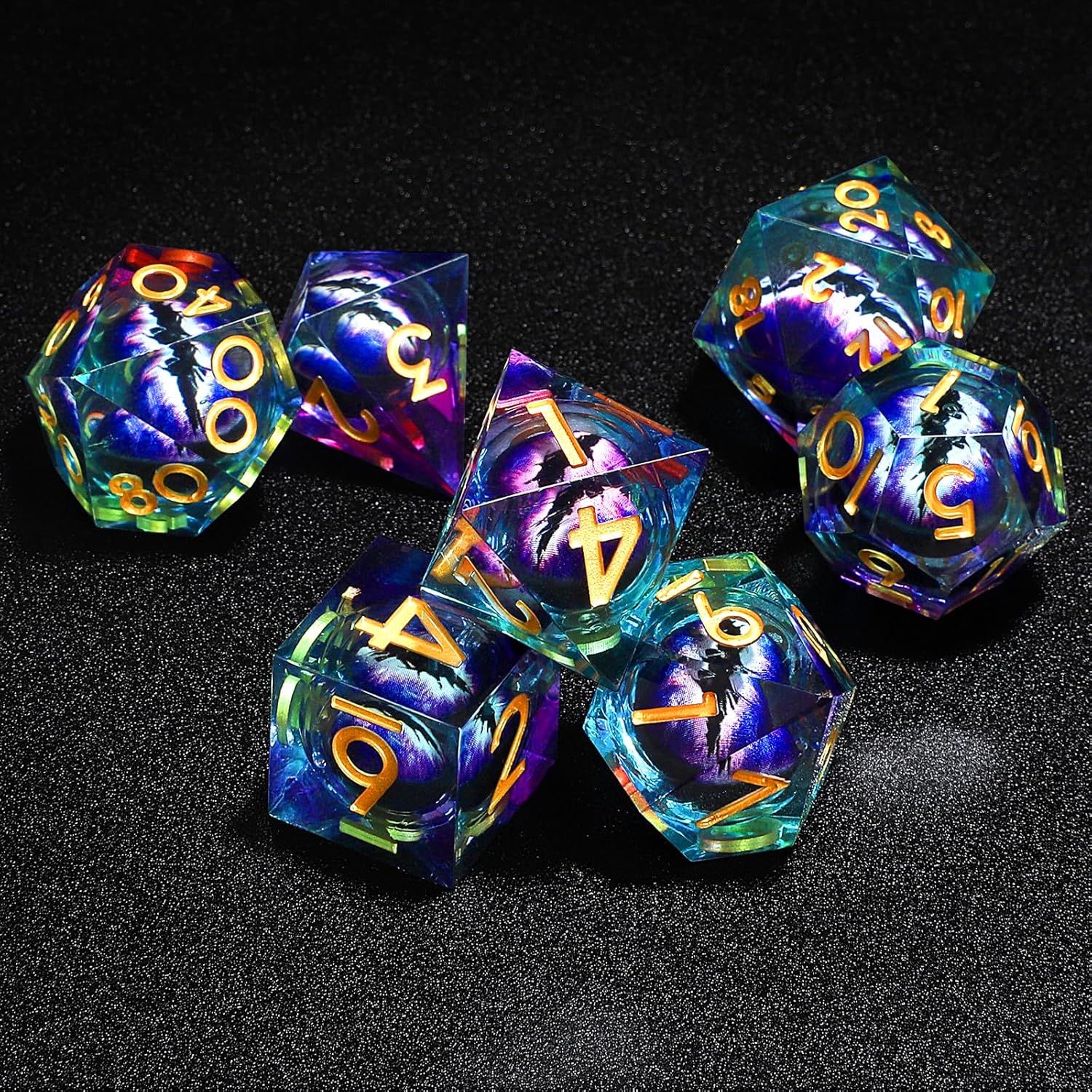Handmade Resin Dragon Eye DND Dice Set Liquid Core Sharp Edges 7 Pieces with Gift Box for RPG Roleplaying Unique Craftsmanship (Purple-Gold)