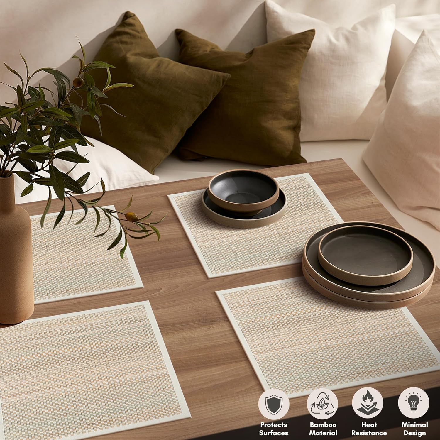 Hausattire Bamboo Placemats for Dining Table Set of 10 Washable 14x14 Inch Square Place Mats Sushi Mats for Kitchen Table Outdoor Parties Spring Farmhouse Boho Decoration - Beige