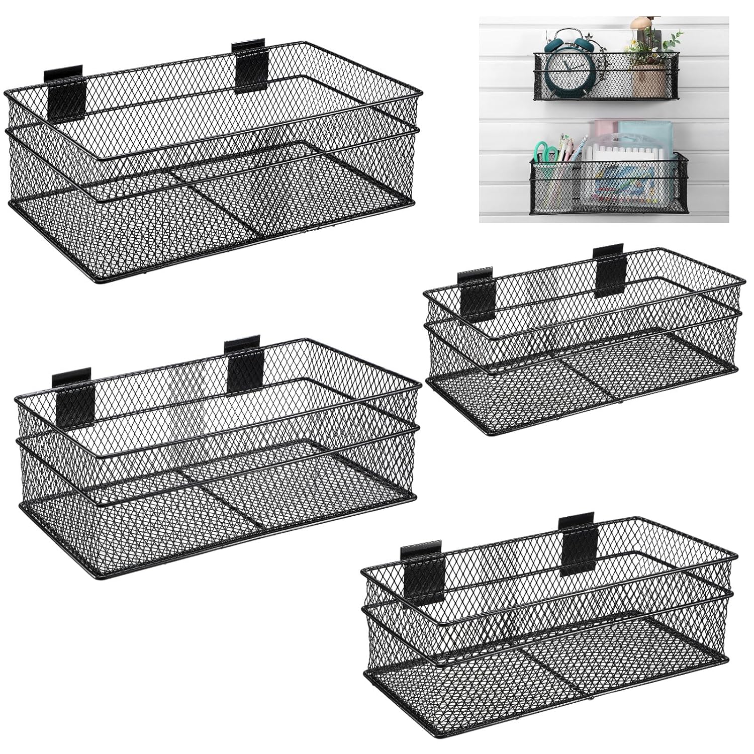 Barydat 4 Pcs Slatwall Basket Set Ventilated Metal Slatwall Basket Hanging Wire Bins Wall Mounted Accessories for Panel Garage Storage Display Organizing(Multi Size,Black)