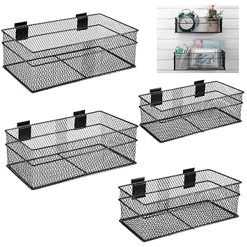 Barydat 4 Pcs Slatwall Basket Set Ventilated Metal Slatwall Basket Hanging Wire Bins Wall Mounted Accessories for Panel Garage Storage Display OrganizingMulti Size,Black