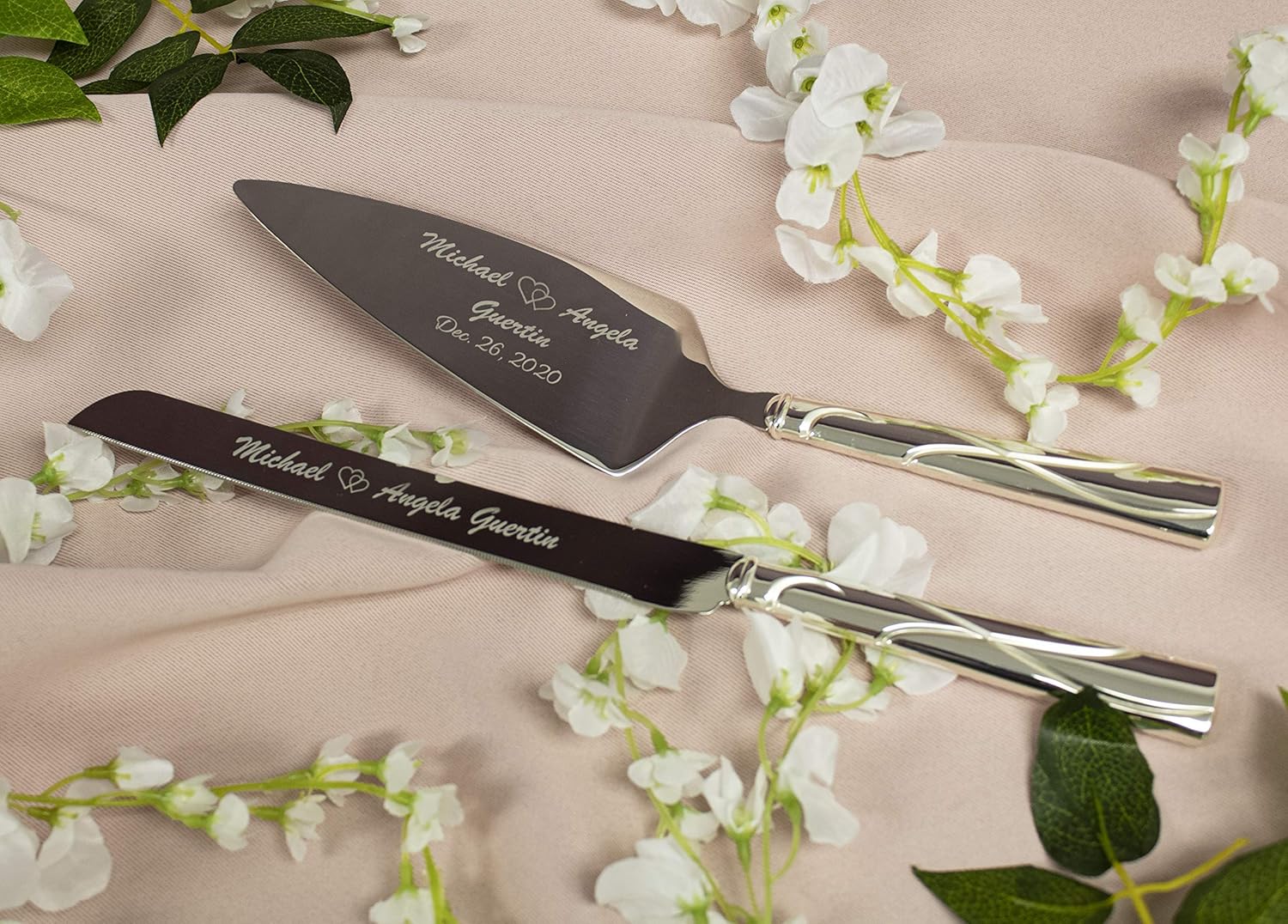 Lenox Bridal Adorn Silver Personalized Wedding Cake Cutting Set, Custom Engraved Wedding Cake Knife and Server Set for the Bride and Groom
