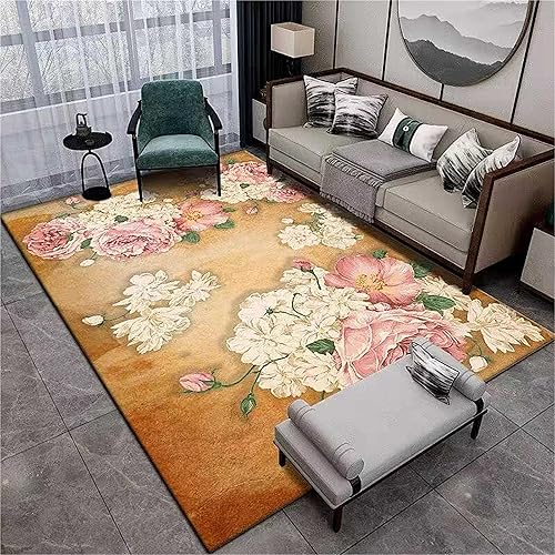 Houient Retro Floral Carpet, 5x8ft, Vintage Shabby Pink White Boho Flower Area Rug with Anti-Skid Rubber Backing, Classic Abstract Foldable Easy to Clean Carpets for Living Room Bedroom Dinning Room