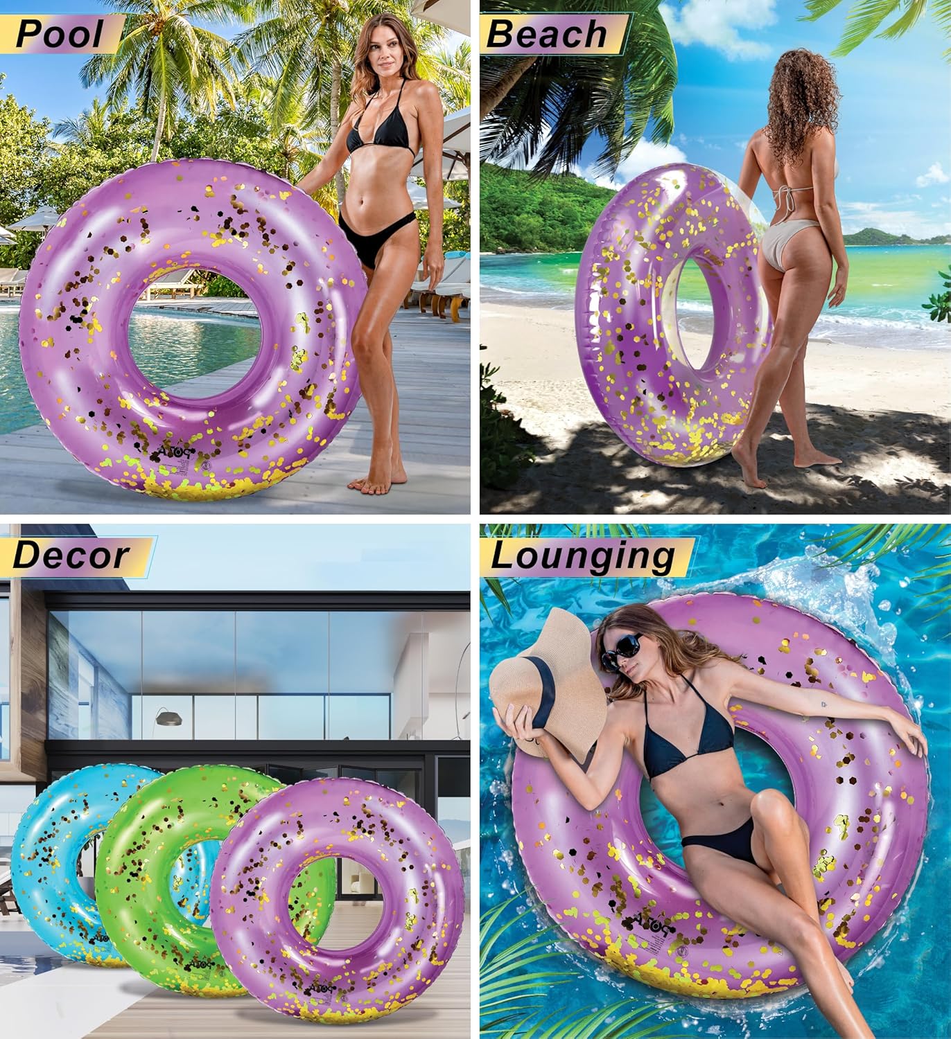 POZA Inflatable Pool Float Tube – Sparkly Confetti Swim Ring, Heavy Duty UV Resistant Inflatable Tube Pool Float for Kids & Adults – Multiple Colors & Sizes – Beach, Lake & Pool Party Float