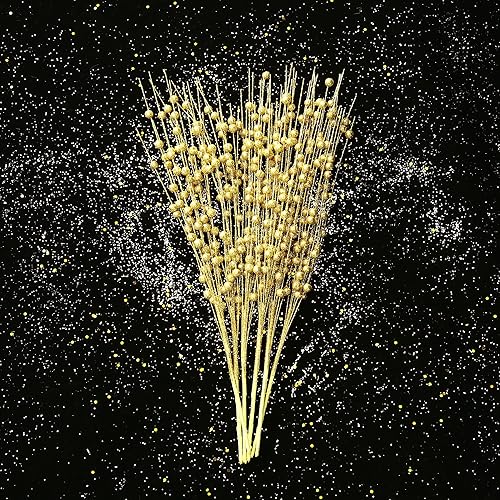 Miniatura 5 de Felice Arts Paquete de 6 tallos de bayas artificiales doradas con purpurina de 15.7 pulgadas, palillos de Navidad falsos con purpurina decorativa