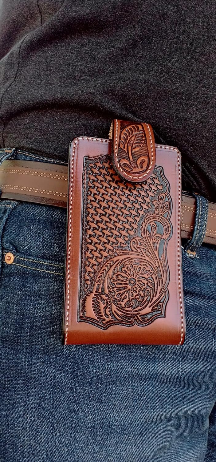 Western autentic Leather Mexican Cell Phone case for Belt with Magnetic Closure. Universal Size (Orange) - Image 8