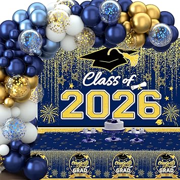 Graduation Decorations 2026, Blue and Gold Balloon Garland Arch, Navy Blue Graduation Decorations with Congrats Grad Tablecloth and Class of 2026 Backdrop for High School College Grad Party Supplies