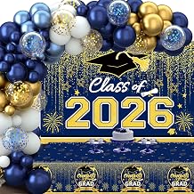 Graduation Decorations 2026, Blue and Gold Balloon Garland Arch, Navy Blue Graduation Decorations with Congrats Grad Tablecloth and Class of 2026 Backdrop for High School College Grad Party Supplies
