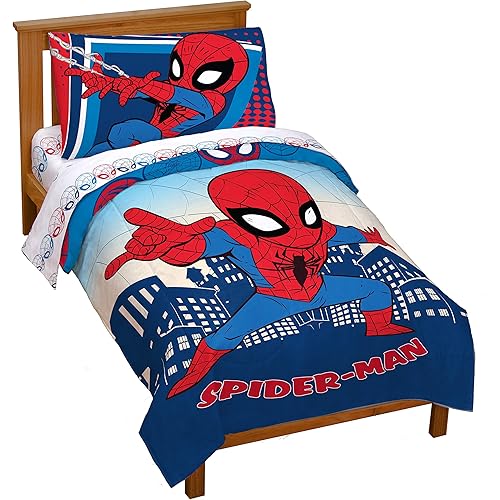 Jay Franco Marvel Super Hero Adventures Go Spidey 4 Piece Toddler Bed Set – Super Soft Microfiber Bed Set Includes Toddler Size Comforter & Sheet Set - Bedding Features Spiderman