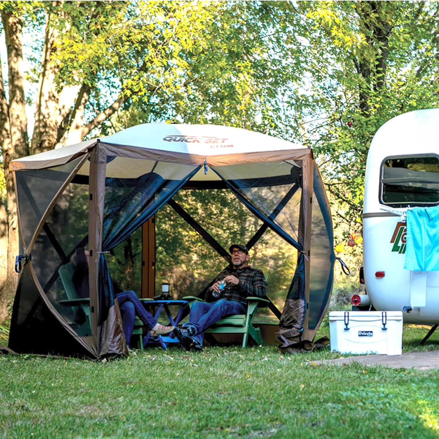 CLAM Quick-Set Pop Up Screen Tent, Adventure with Wind Panels, 9 x 9 ft, Instant Setup Outdoor Gazebo Canopy Shelter, 4-Person Bug-Free Camping Tent for Patio, Backyard, Tailgating – Brown