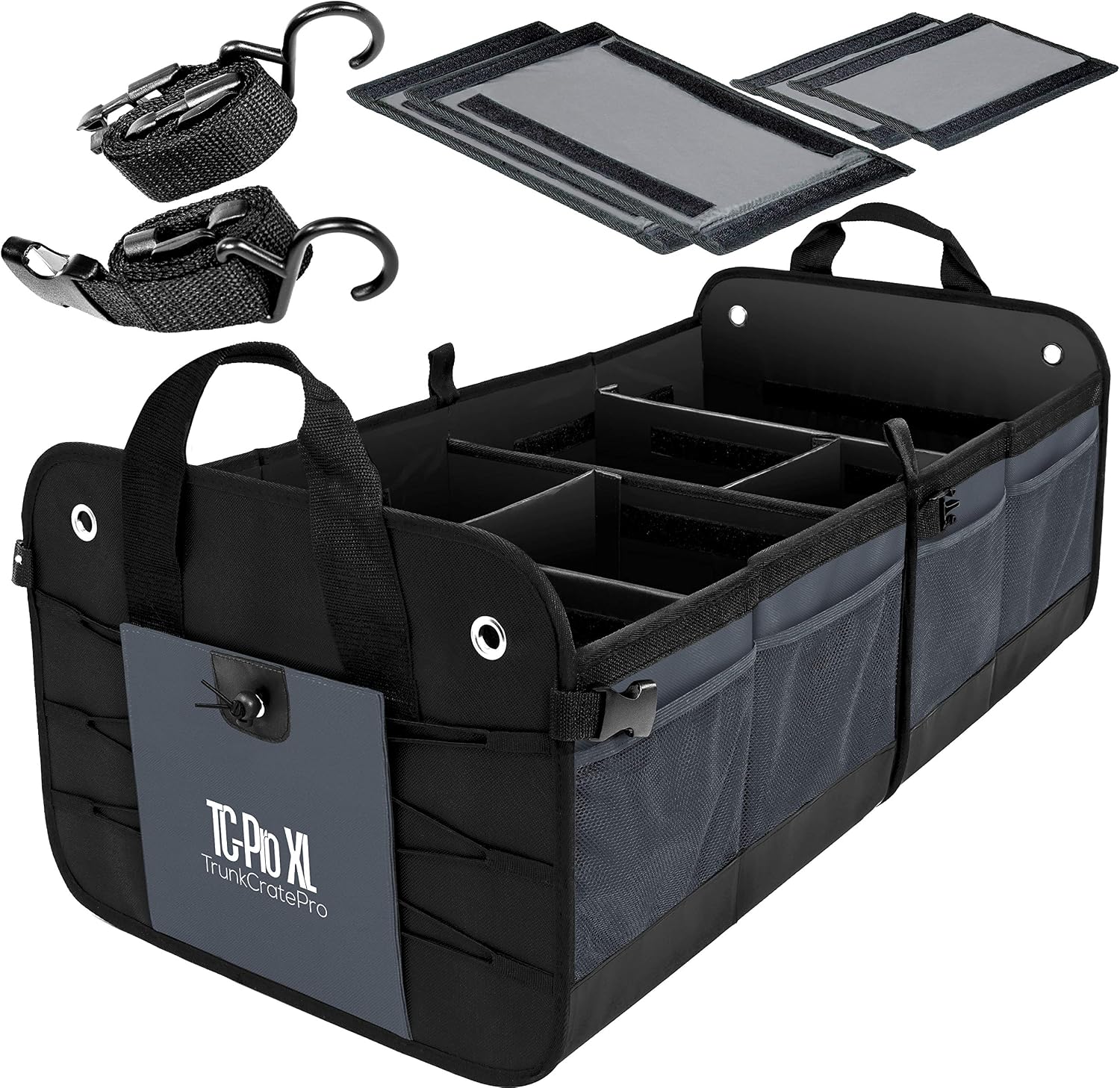 TRUNKCRATEPRO Save 5 per cent off bundle of 2 collapsible portable multi compartments suv trunk organizer for men and women (XL Black, XL Grey)