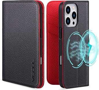 VISOUL Pebbled Real Leather Wallet Case for iPhone 16 Pro With Card Holders, Kickstand, Shockproof Folio Compatible With iPhone 16 Pro 6.3"-Black+Red