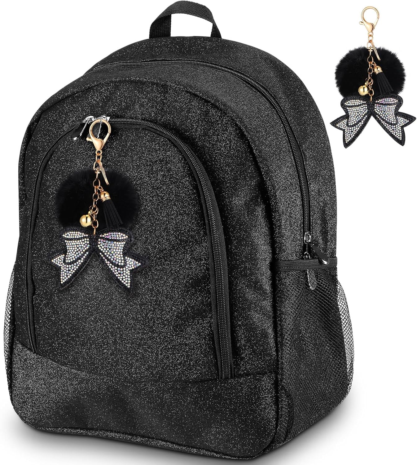 Cheer Backpack with Bow Keychain Cheerleading Glitter/Canvas Backpack Cheerleaders Gift Cheer Bags for Sport(Glitter,Black,Large)