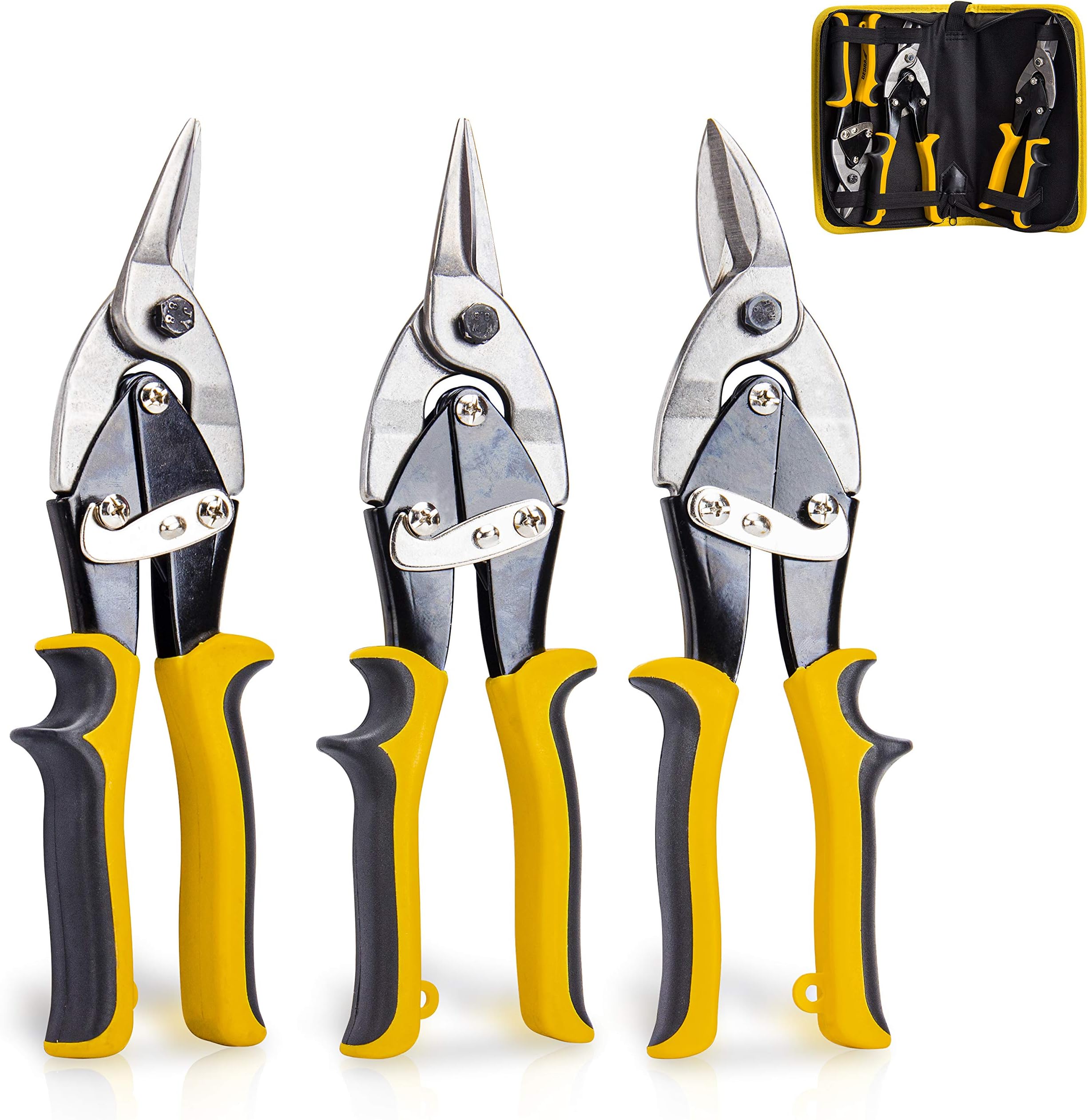 KOTTO 3 Pack Set 10 Inches Sheet Metal Cutter, Aviation Tin Snips Set, Heavy Duty Cutter Set, Straight, Left and Right Cutters for Steel, Aluminum, Leather, Copper with Storage Bag