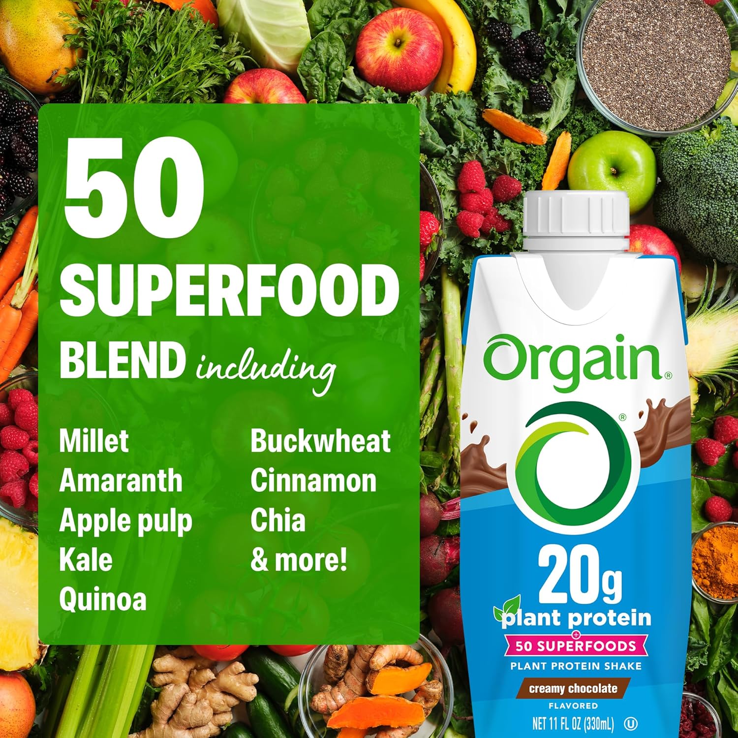 Orgain Vegan Protein Shake, Creamy Chocolate - 20g Plant Protein, Ready to Drink, 50 Superfoods, 0g Sugar, Gluten Free, No Artificial Sweeteners, No Soy or Dairy Ingredients, 11 Fl Oz (Pack of 12)
