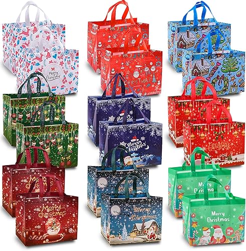 Paquete de 18 bolsas de regalo de Navidad, bolsas de Navidad con asas, bolsas de compras medianas no tejidas para regalos de Navidad, suministros de