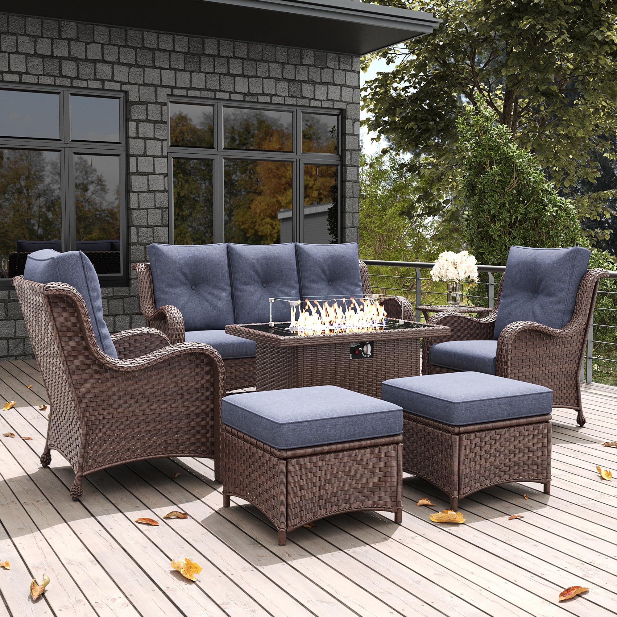 LayinSun 7 Pieces Outdoor Patio Furniture Set with Fire Pit Table, Rattan Wicker Sectional Chairs Sets with Ottomans, Single Chairs and Coffee Table
