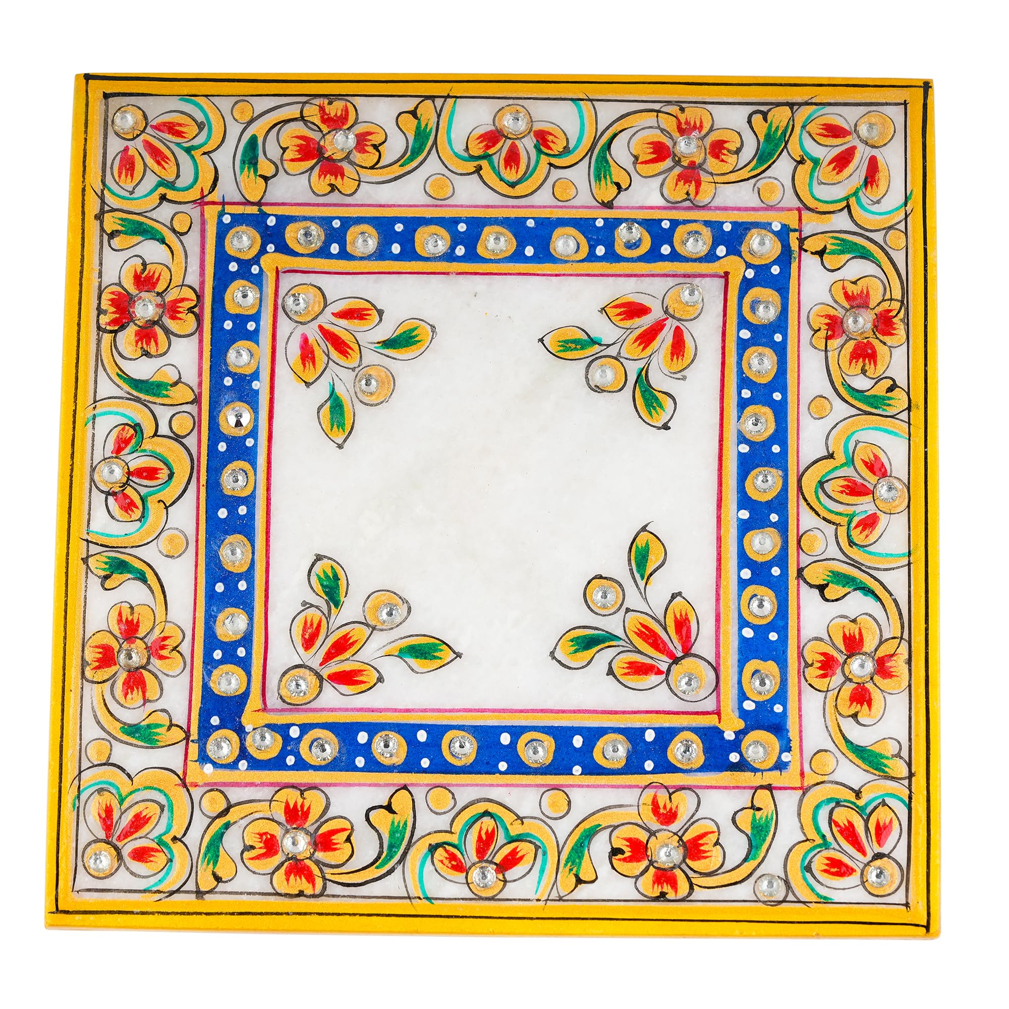 Marble Pooja Chowki - Makrana Marble with Kundans -4