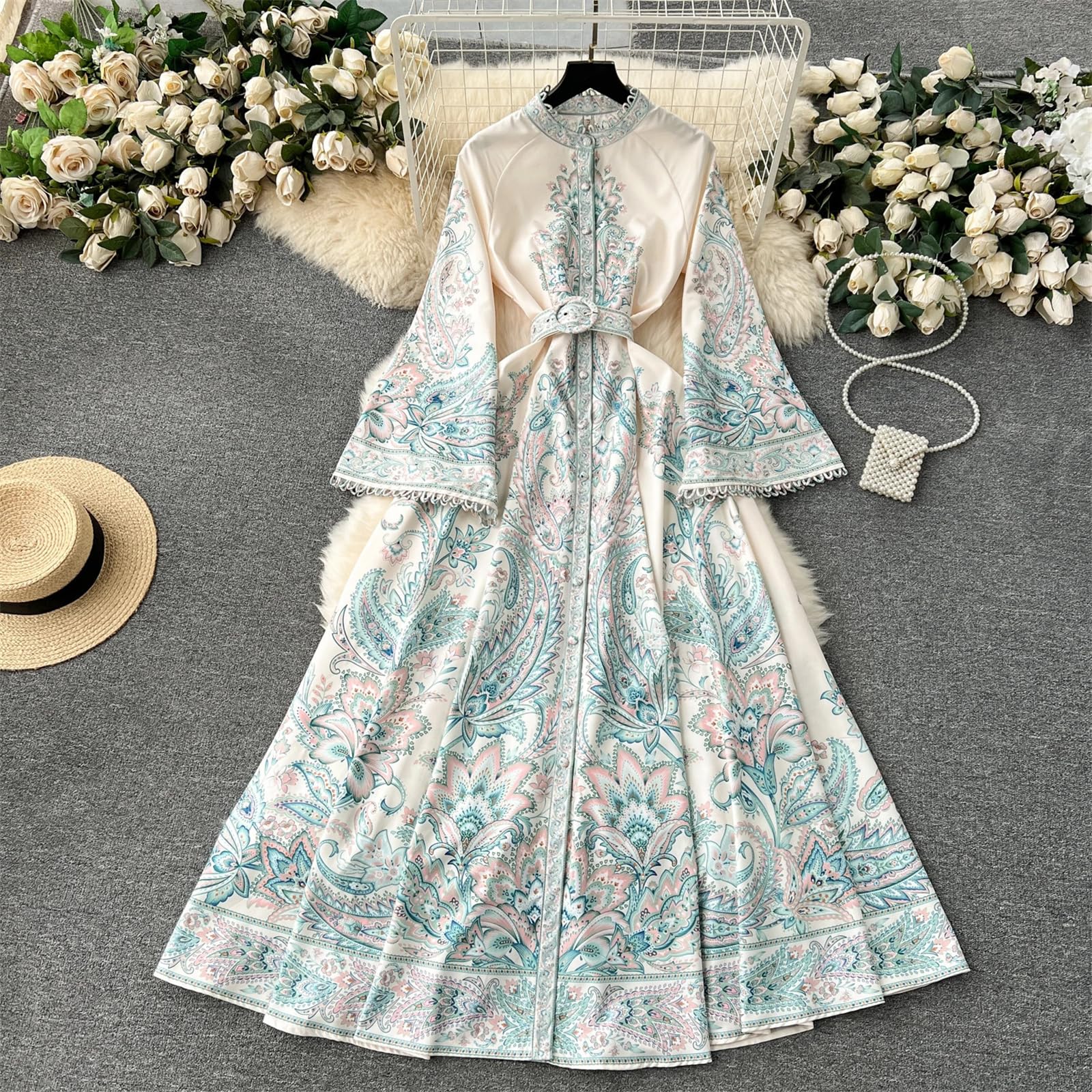Abito Lungo Elegante da Donna con Stampa Slim A Vita Alta, Collo alla Coreana, Manica Svasata, Vita Alta, Slim