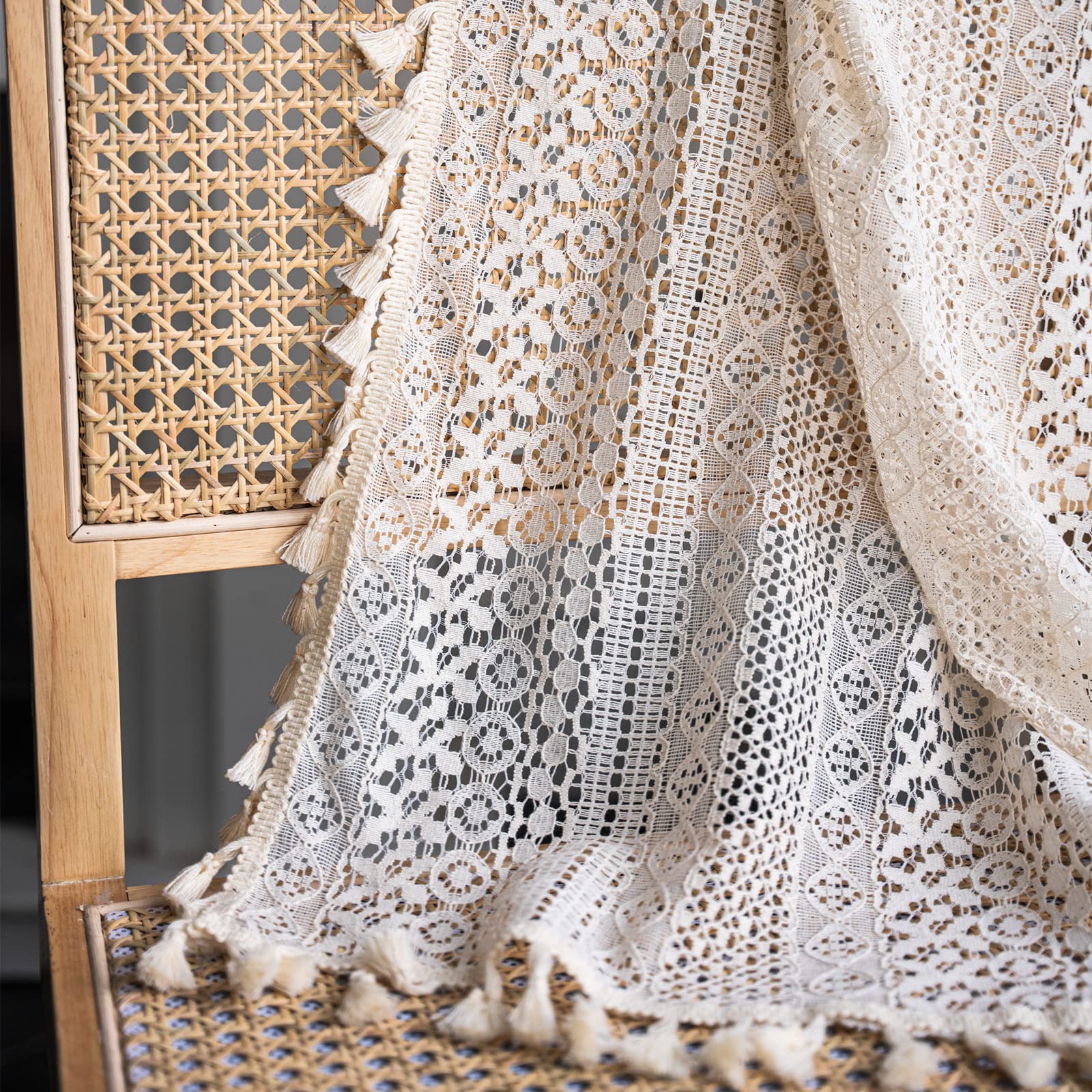 Deeprove Sheer Lace Crochet Curtains 72 Inches Length, Knitting Boho Curtain Handmade Macrame Tassels for Bedroom Living Room, Vintage Shabby Chic