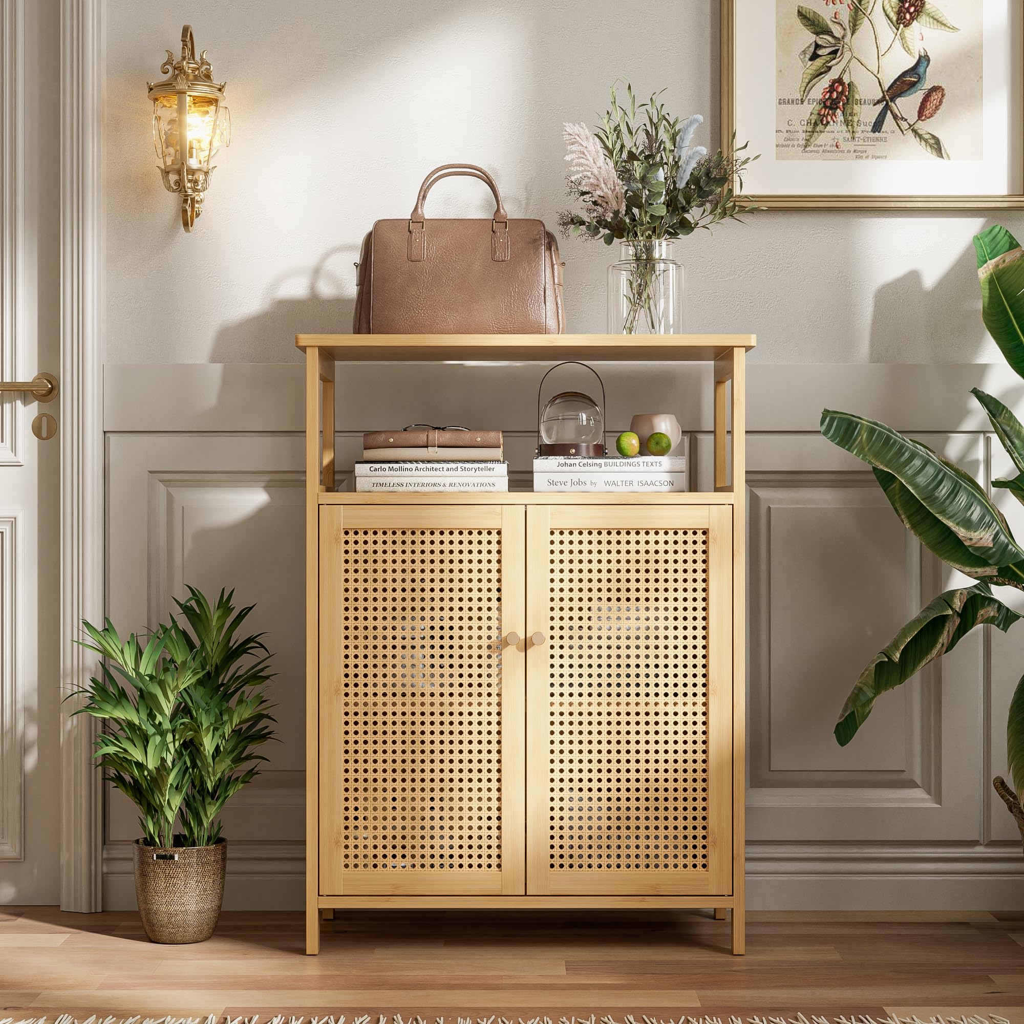 Armario de Baño con Soporte de Suelo, Mesa Organizadora de Almacenamiento de Bambú con 2 Puertas de Ratán y 1 Estante, Armario Lateral de Madera para Pasillo, Cocina, Sala de Estar (Natural)
