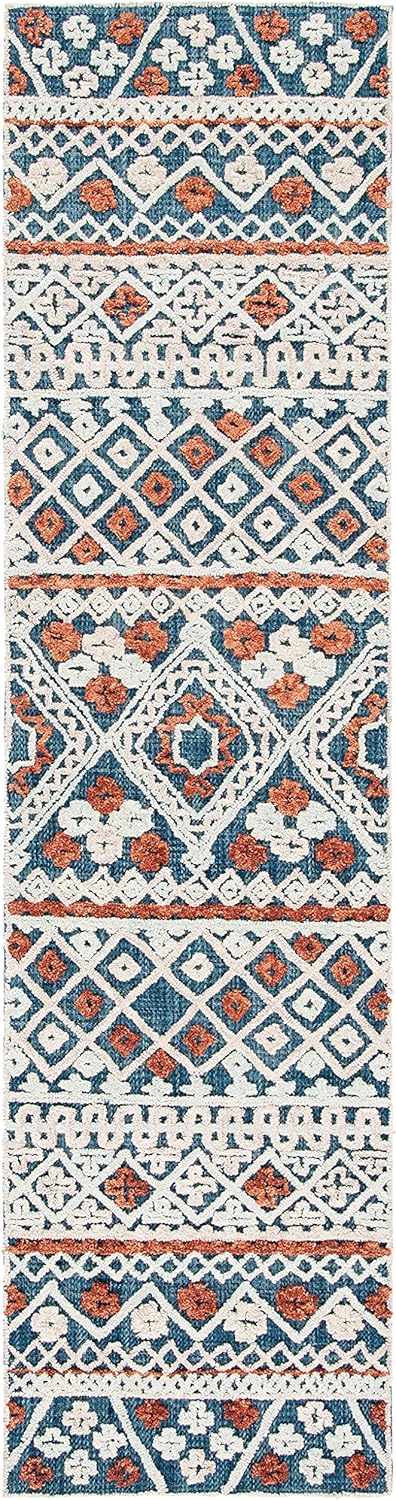 SAFAVIEH Aspen Collection Runner Rug - 2'3" x 9', Blue & Orange, Handmade Moroccan Boho Wool, Ideal for High Traffic Areas in Living Room, Bedroom (APN530M)