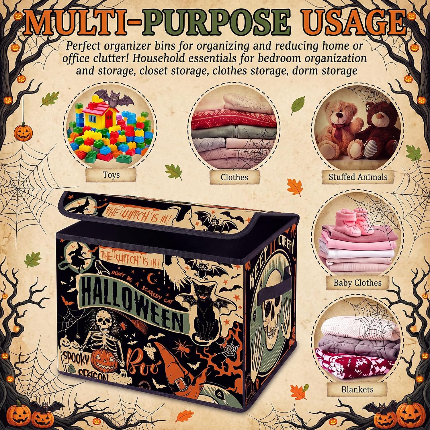 Briwooody Halloween Storage Bin with Lid and Carrying Handle Vintage Halloween Gothic Pumpkin Foldable Storage Box Large Bat Cat Decorative Collapsible Container Basket for Closet Home Bedroom Gift