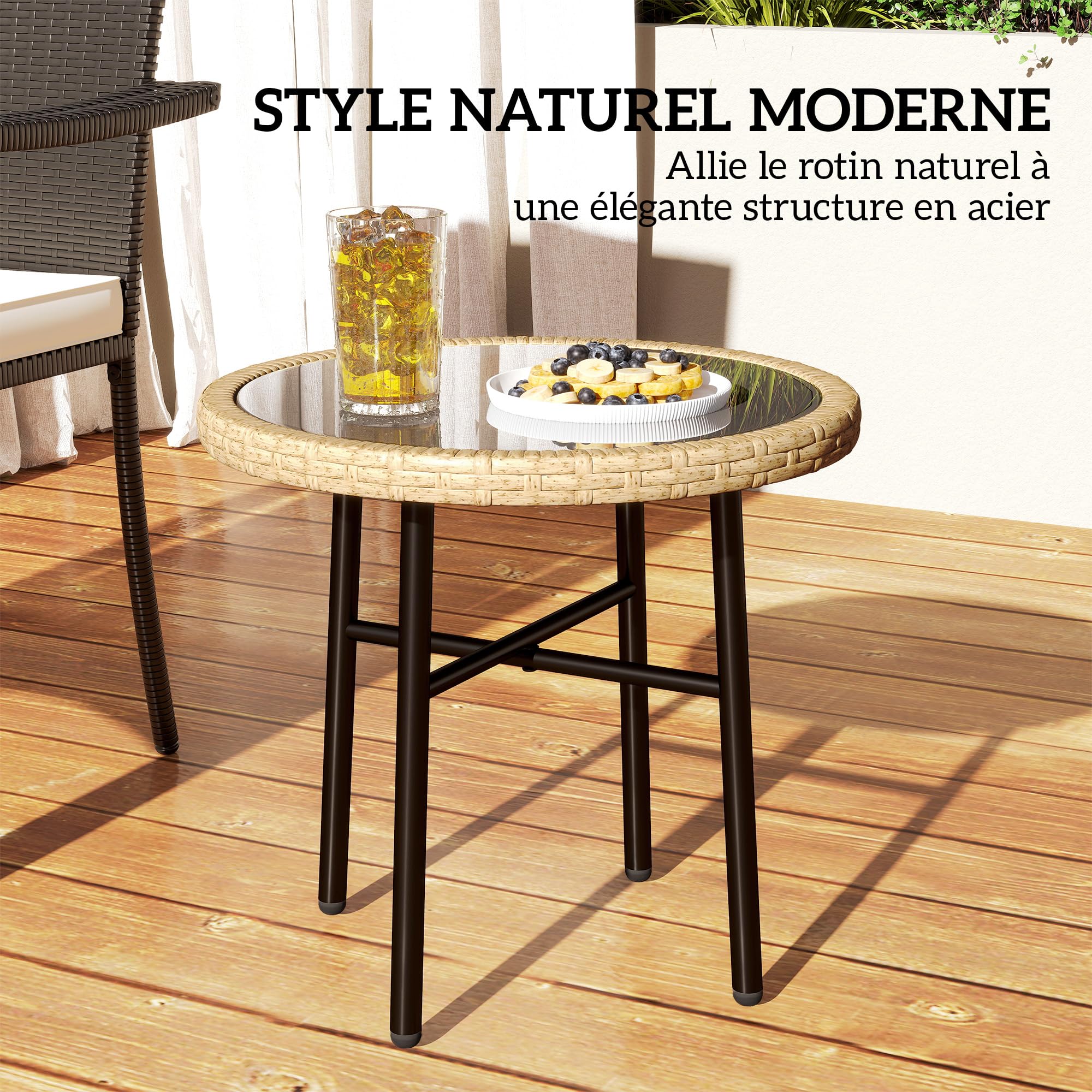 Outsunny Table Basse Ronde de Jardin en Résine Aspect Rotin, Acier et Plateau Verre Trempé Ø 46 cm, Naturel