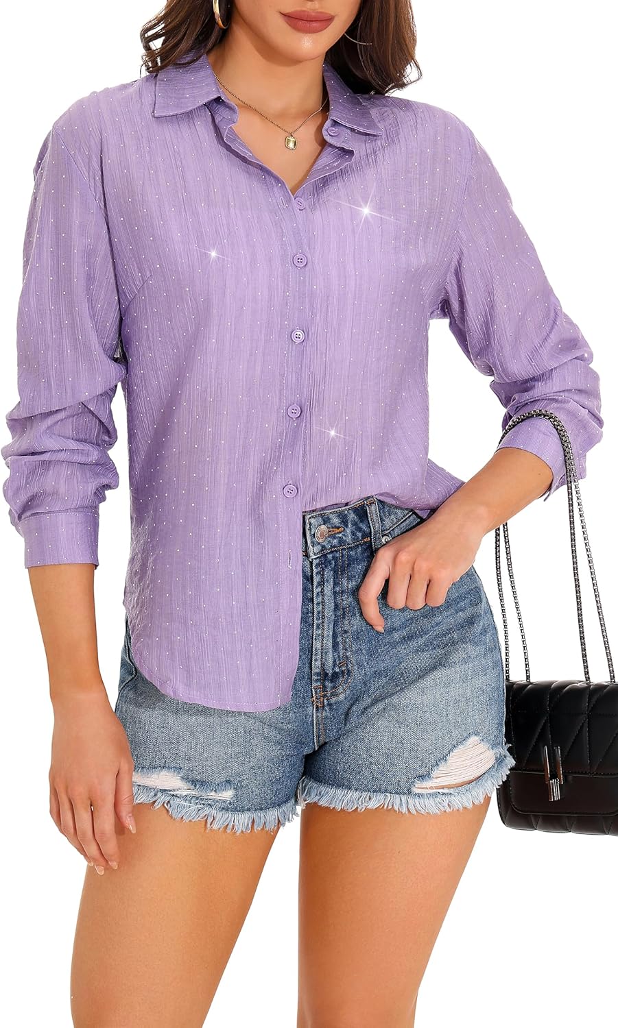 GUANYY Women's Sheer Button Down Shirt Rhinestone Sparkly Mesh Chiffon Blouse Long Sleeve Casual Top - Image 4