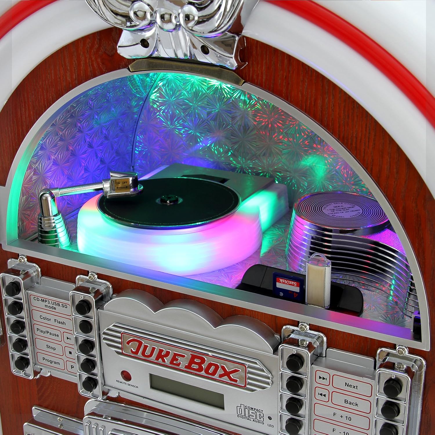 Top section of the jukebox showing the CD player, USB port, and SD card slot.
