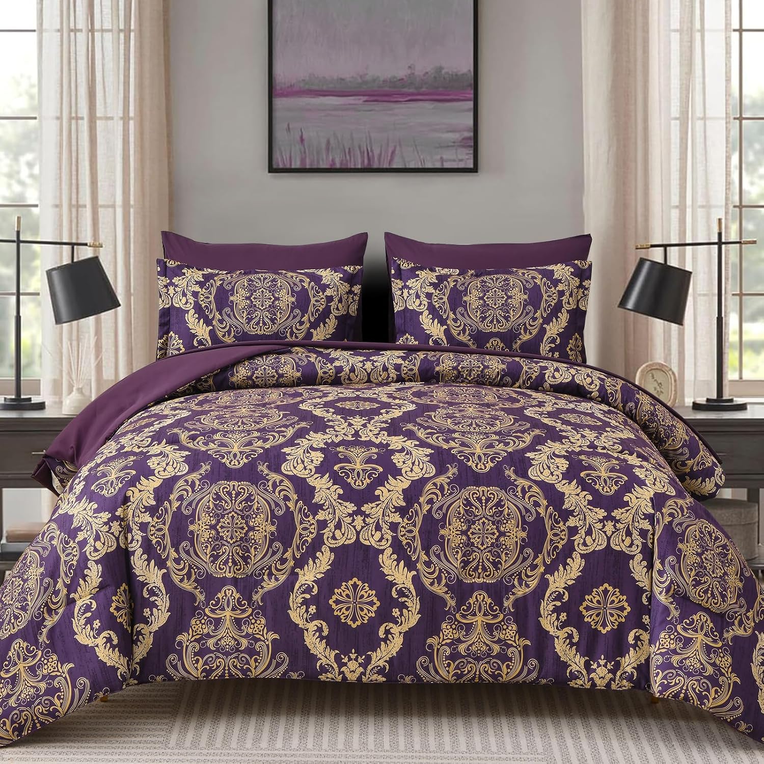 WONGS BEDDING Purple Comforter Set Queen Size,Damask Texture 7 Pieces Bed in a Bag Microfiber Comforter Bedding Sets -1 Comforter, 1 Flat Sheet, 1 Fitted Sheet, 2 Pillow Shams, 2 Pillowcases Purple King