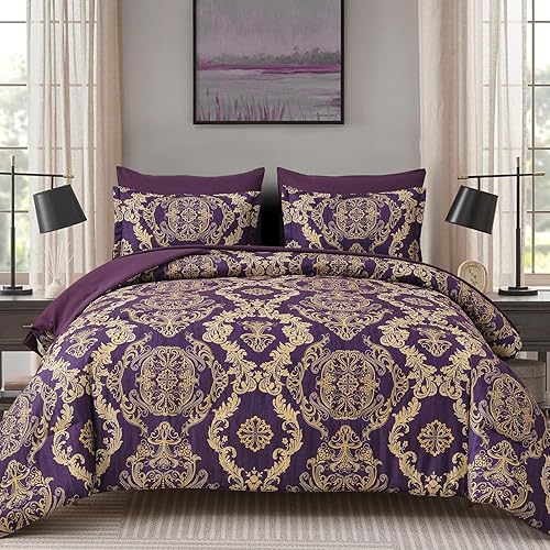 WONGS BEDDING Purple Comforter Set Queen Size,Damask Texture 7 Pieces Bed in a Bag Microfiber Comforter Bedding Sets -1 Comforter, 1 Flat Sheet, 1 Fitted Sheet, 2 Pillow Shams, 2 Pillowcases