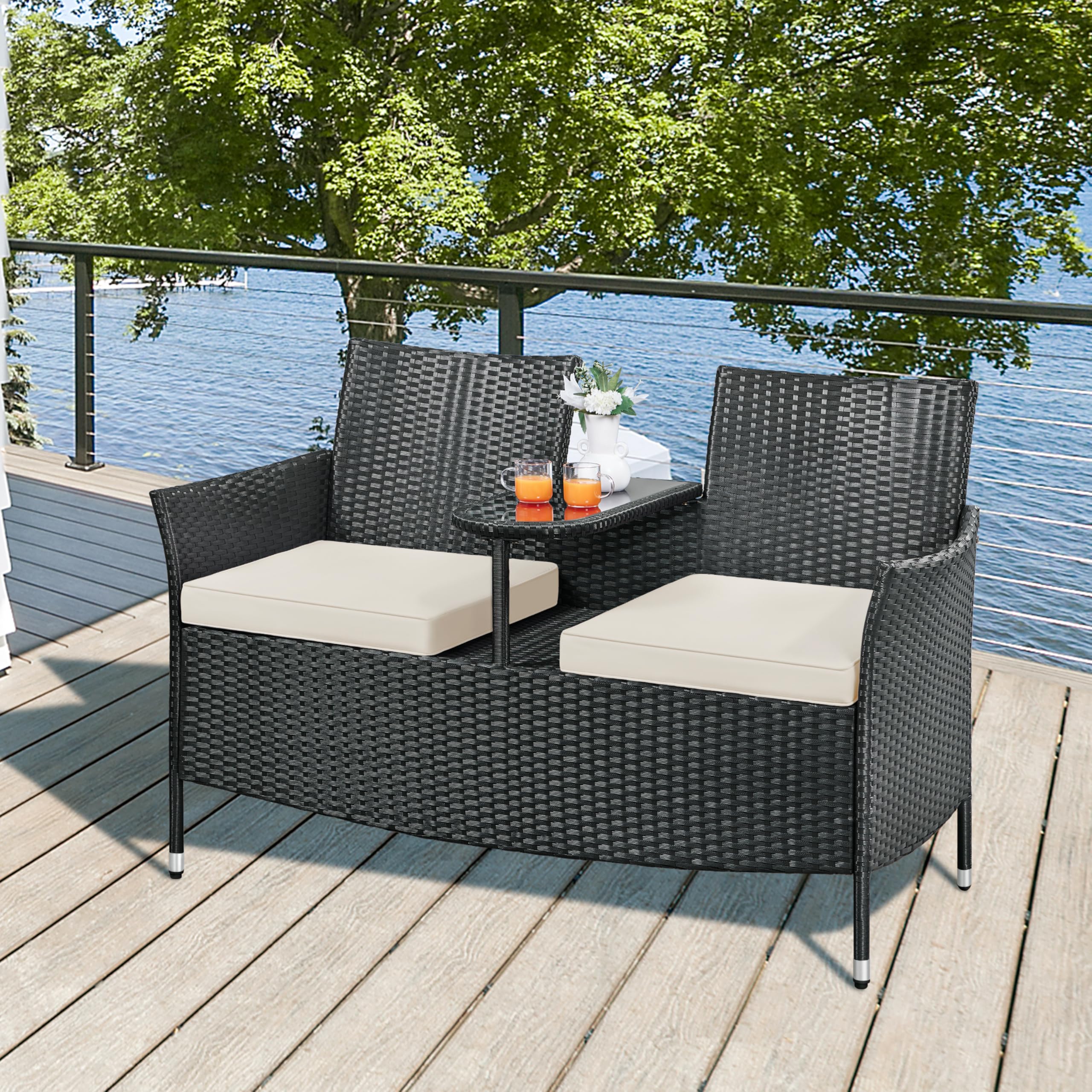 Yaheetech 2-Sitzer Polyrattan Gartenbank mit Tisch Stabile Rattan Sitzbank | Wetterfest Balkonbank 350 kg Belastbarkeit, für Garten Balkon Terrasse, Schwarz-Beige,131×65,5×85 cm