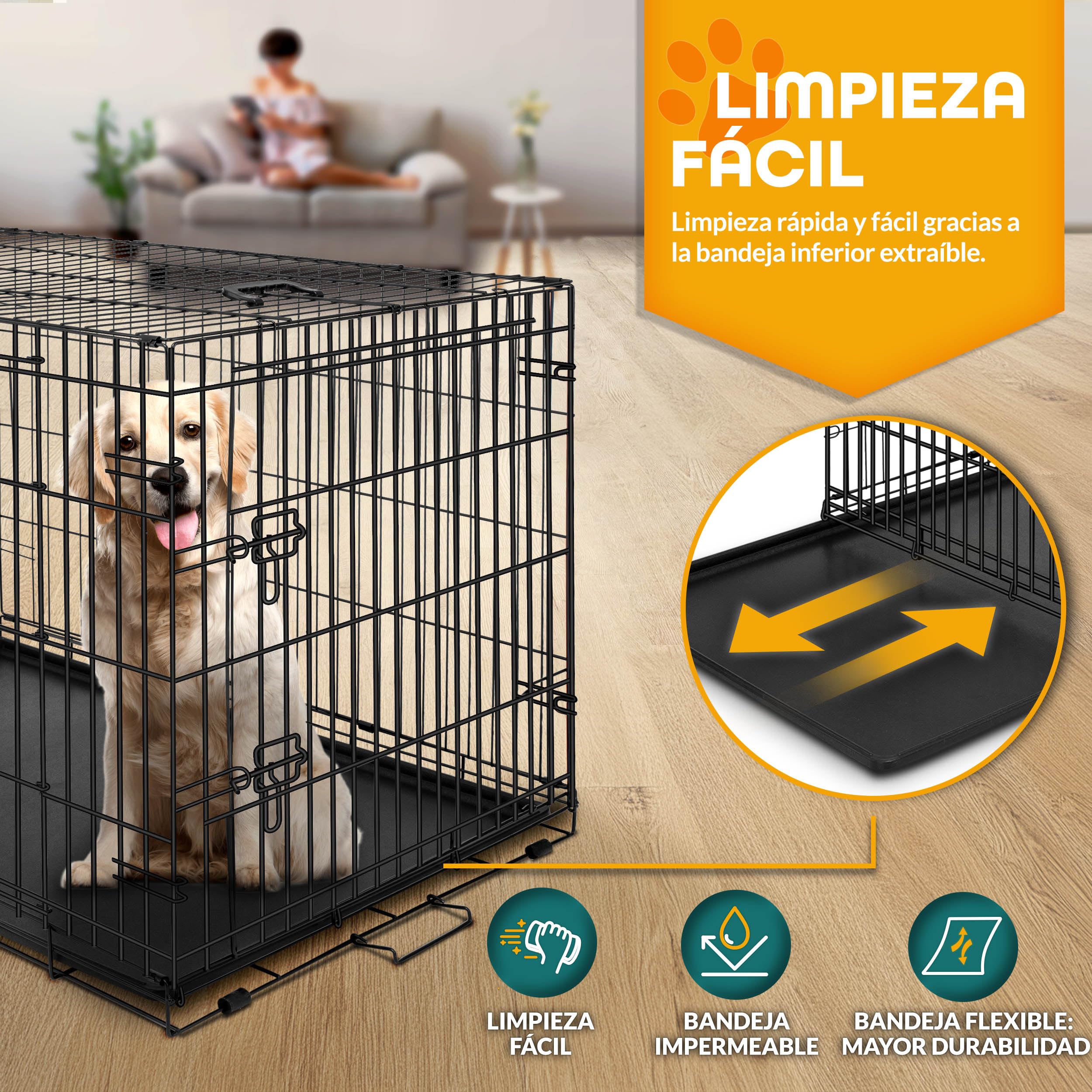 TRESKO Jaula de Transporte Metálica para Perros con 2 Puertas Plegable con Bandeja Extraíble 91 x 58 x 64 cm