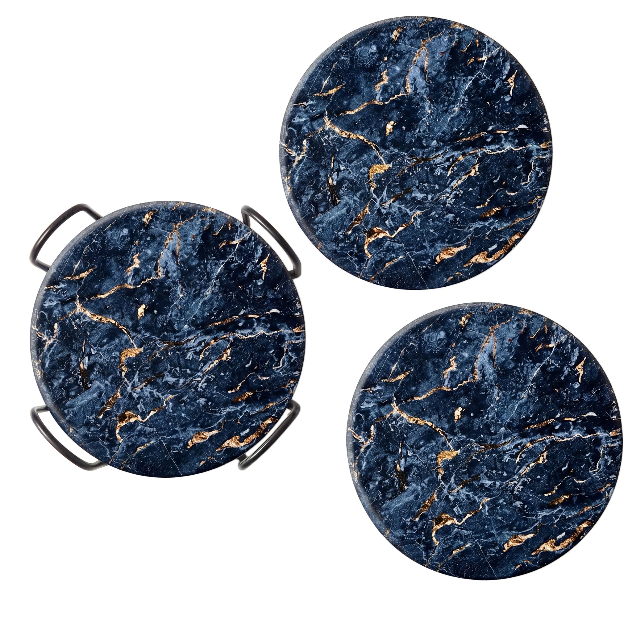 Ceramic Coasters with Matt Finish On Top & Cork Base | Coasters for Cups Set of 6 | Marble Style Ceramic Coaster for Tea, Coffee Table & Dining Table with Metal Holder