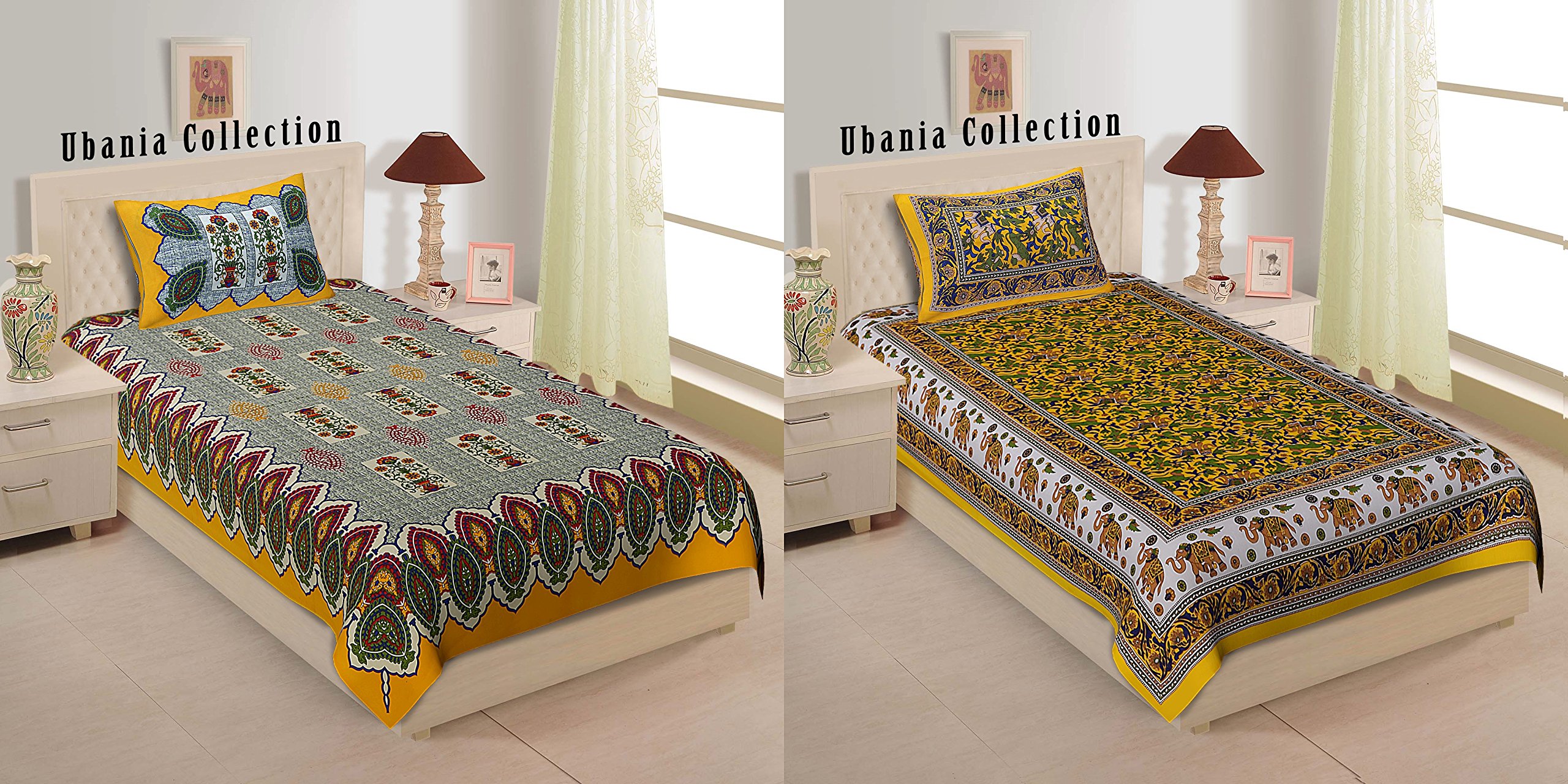 Ubania Collection Rajasthani Traditional 100% Cotton 2 Single Bedsheet with 2 Pillow Cover- Combo Pack of 2