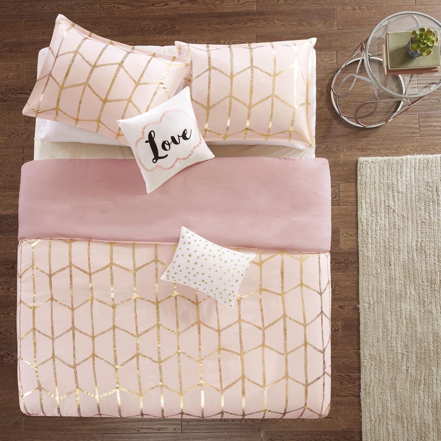 Intelligent Design Raina Duvet Set Metallic Print Geometric Style Embroidered Toss Pillows Modern Trendy All Season Comforter Cover Bedding-Set with Matching Sham, Twin/Twin XL, Blush/Gold 4 Piece