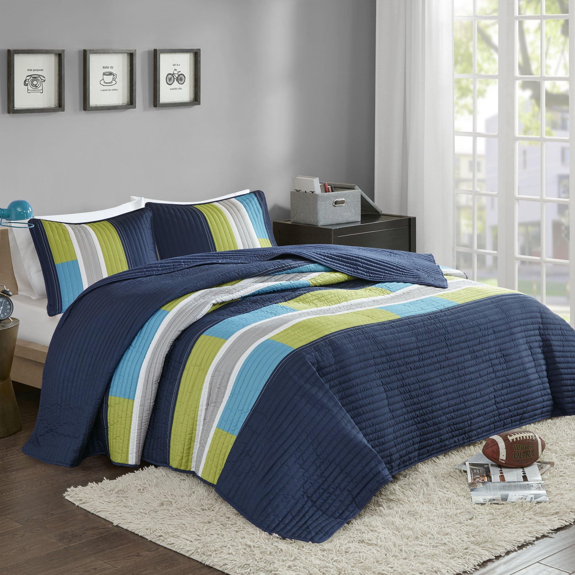 Quilt Set Trendy Casual Fun, Vibrant Color Design, Hypoallergenic All Season, Lightweight Coverlet Bedspread Cozy Kids Bedding & Sham Full/Queen Pierre Navy/Blue 3 Piece