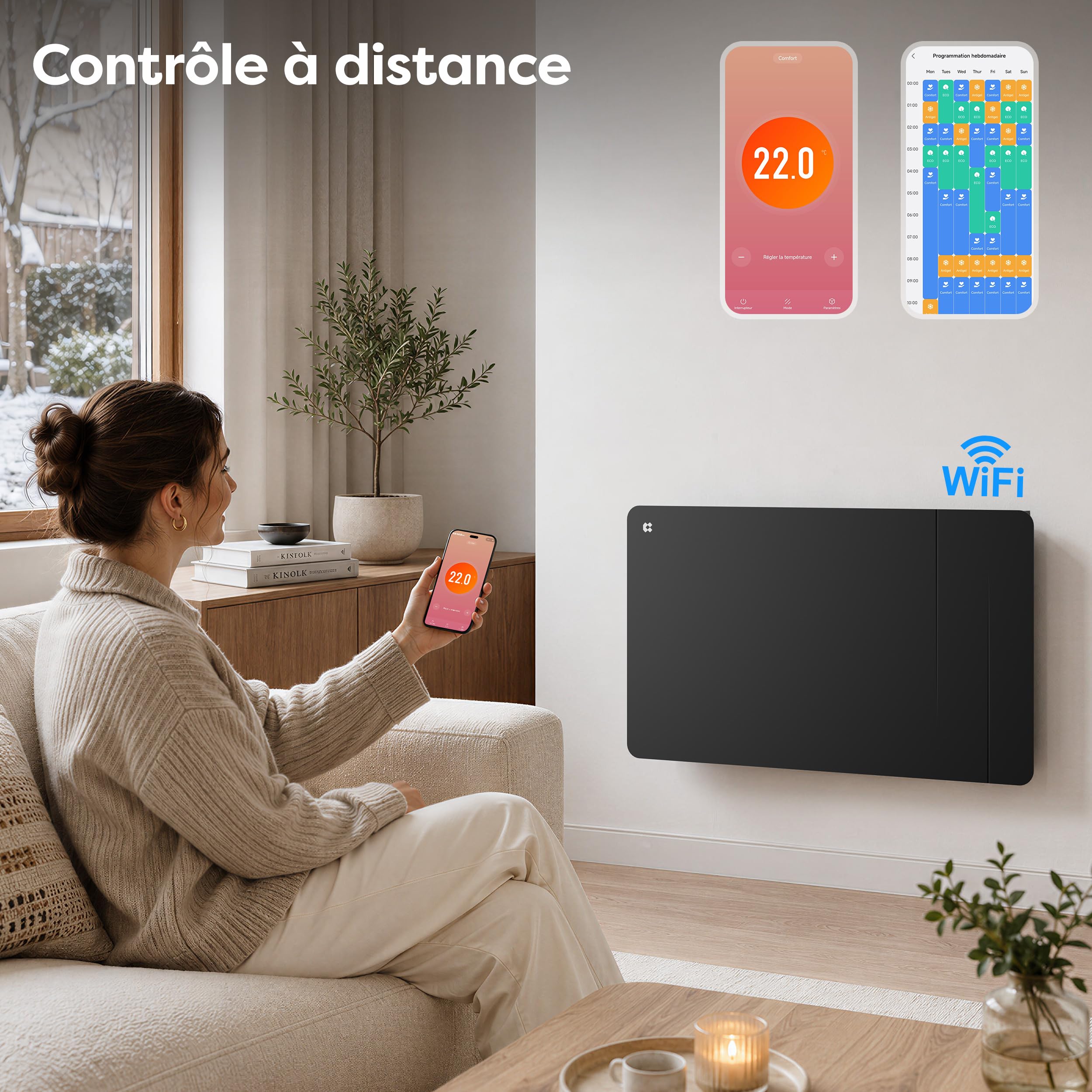 CIARRA CBHTD15A-B Radiateur à Inertie Céramique 1500W WiFi Noir