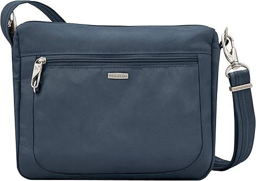 Travelon - Bolsa cruzada clásica antirrobo tamaño S EW Midnight 43115 360 A B/W pequeña flor impresión, Negro, Azul / Patchwork, Chocolate / Light