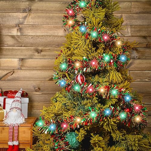 Miniatura 40 de Kingdder Guirnalda de oropel de Navidad de 16.4 pies iluminada metálica para decoración de árbol, funciona con pilas, 50 luces LED, guirnalda