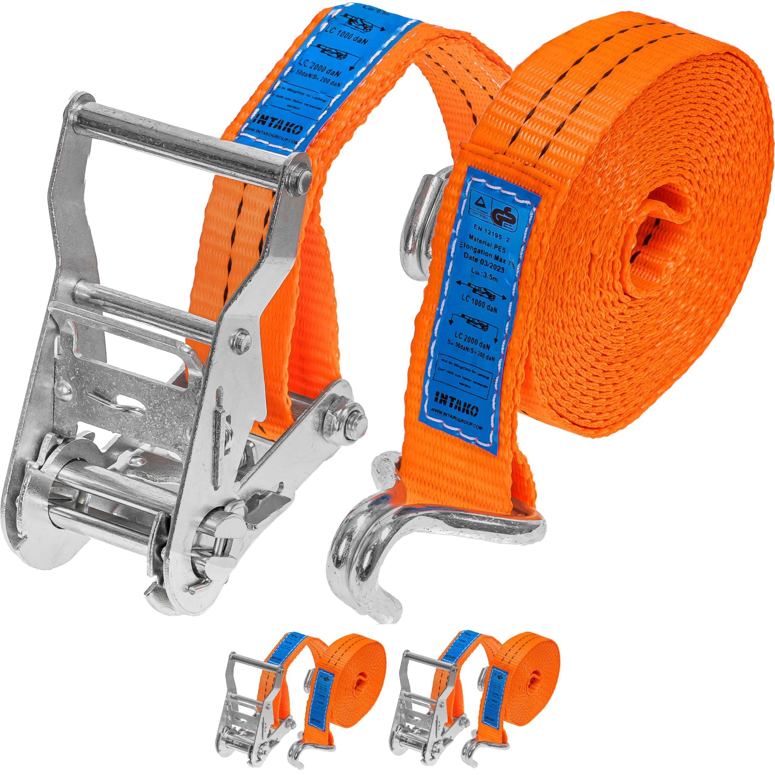 Spanngurte mit Ratsche 2000kg 35mm (4m/6m) - 2er & 10er Pack - TÜV GS geprüfte Zurrgurte mit Haken - DIN EN 12195-2 (Orange, 4m (2 Stück))