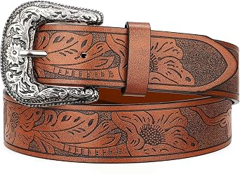 Western Cowgirl Belts for Women Country Cowboy Vintage Leather Engraved Buckle Belt for Jeans Dresses
