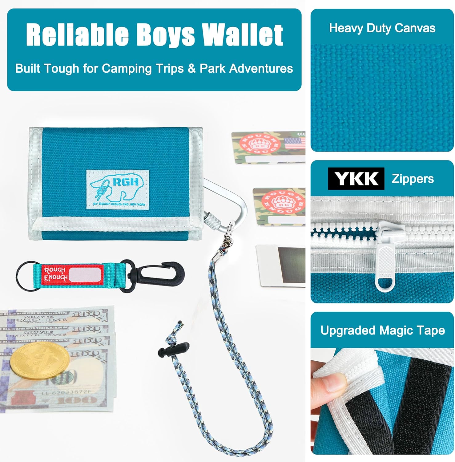 Rough Enough Kids Wallet for Boys Teen with Neck Lanyard Strap Keychain Zipper Coin Pocket Card Holder Light Blue Canvas