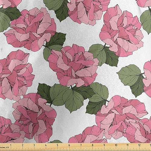 Miniatura 1 de Ambesonne Pink Floral Fabric by The Yard, Digitally Generated Pattern with Continuous Wild Spring Peonies, Decorative Satin Fabric for Home Textiles