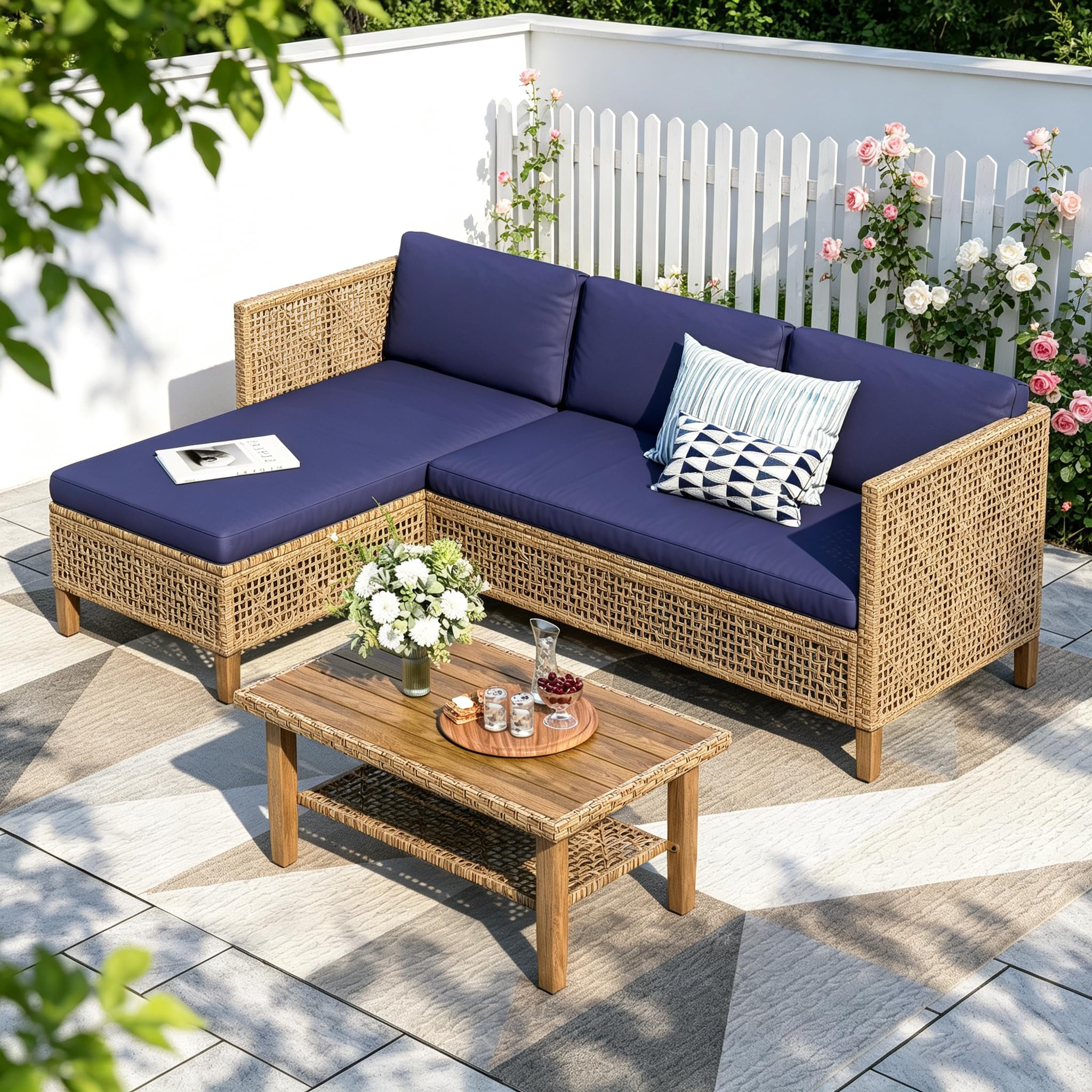 PHI VILLA Rattan Gartenmöbel Set Balkonmöbel für 4, Lounge Möbel Outdoor Gartenlounge Terassenmöbel Gartensofa mit 1 Chaiselongue, 1 Zweisitzer-Sofa und 1 Couchtisch, Marineblau