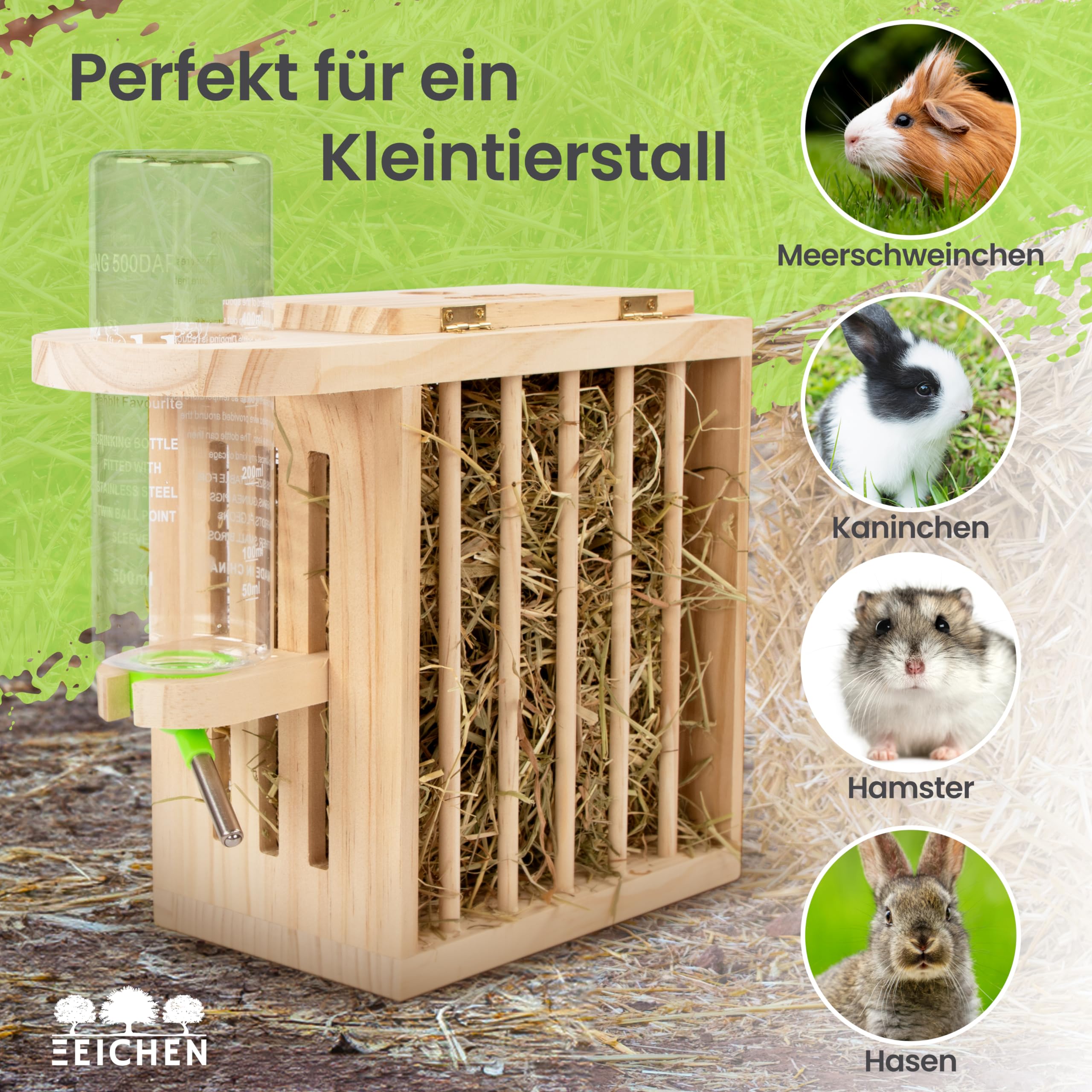 Heuraufe inkl. höhenverstellbarer Trinkflasche. Naturholz. Meerschweinchen Heuraufe, Kaninchen, Hasen, Hamster Trinkflasche. Perfekt für Kaninchenstall. Hasen Zubehör Kaninchen Zubehör | Drei Eichen