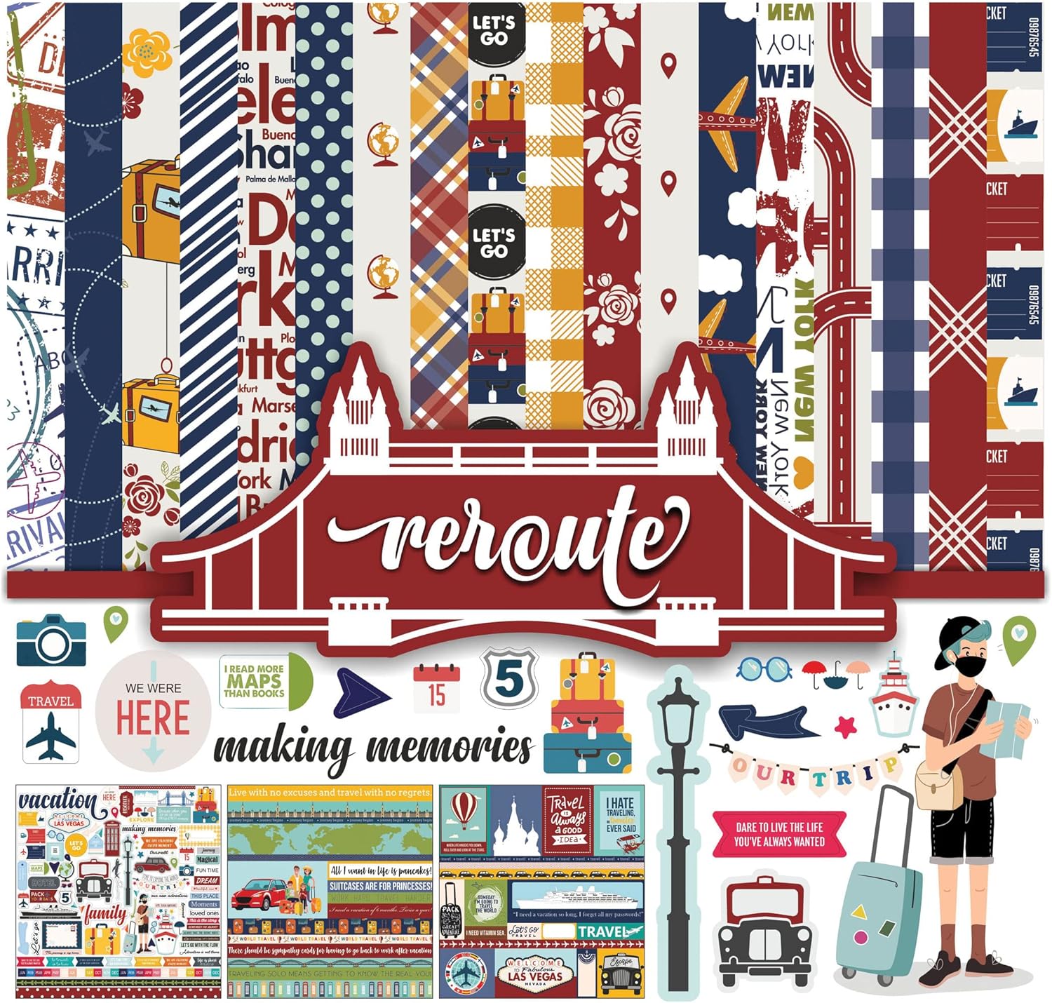 Inkdotpot Travel Collection Double,Sided Scrapbook Paper Kit Cardstock 12"x12" Card Making Paper Pack of with Sticker Sheet - 16 Pages - Multicolor
