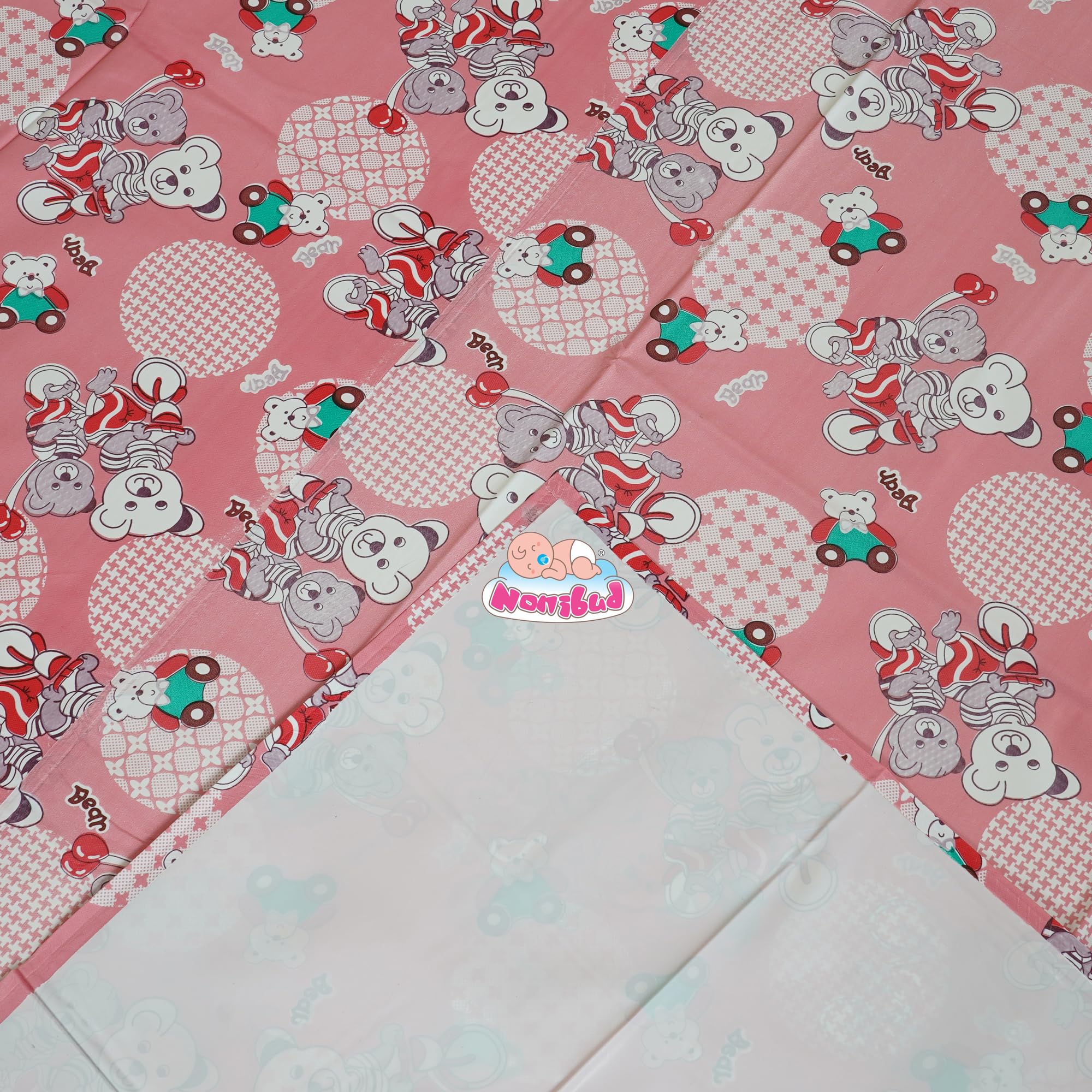 Nonibud Waterproof Plastic Mattress Protection Sheet for Baby and Adult - Double Bed/King Size - 7.5 x 6.5 feet (Peach Teddy) 2