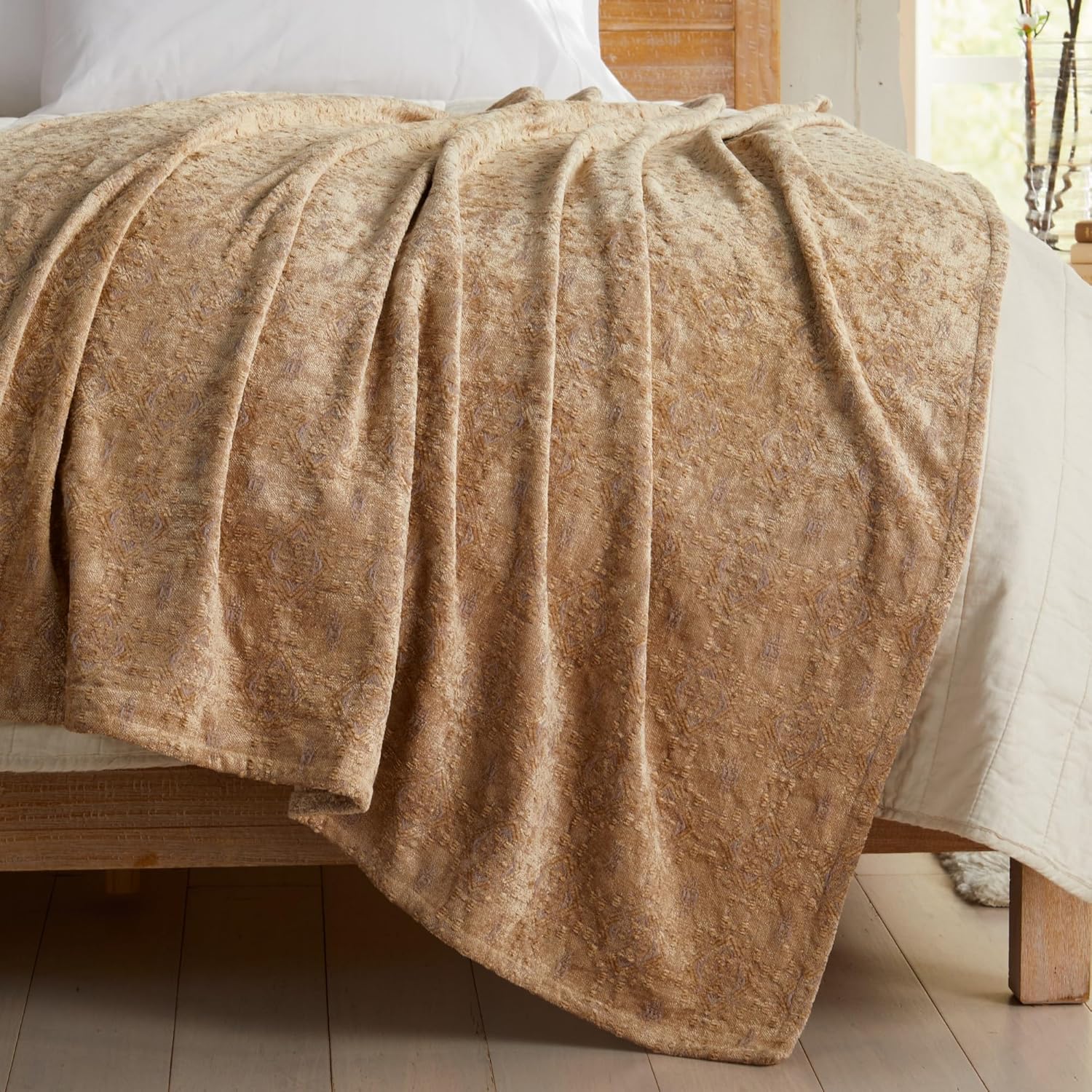 Chenille Jacquard Throw Blanket | Textured Boho Throw for Sofa, Couch, Bed | Soft Decorative Throw for All Seasons | Charlotte Collection (50" x 60", Beige)